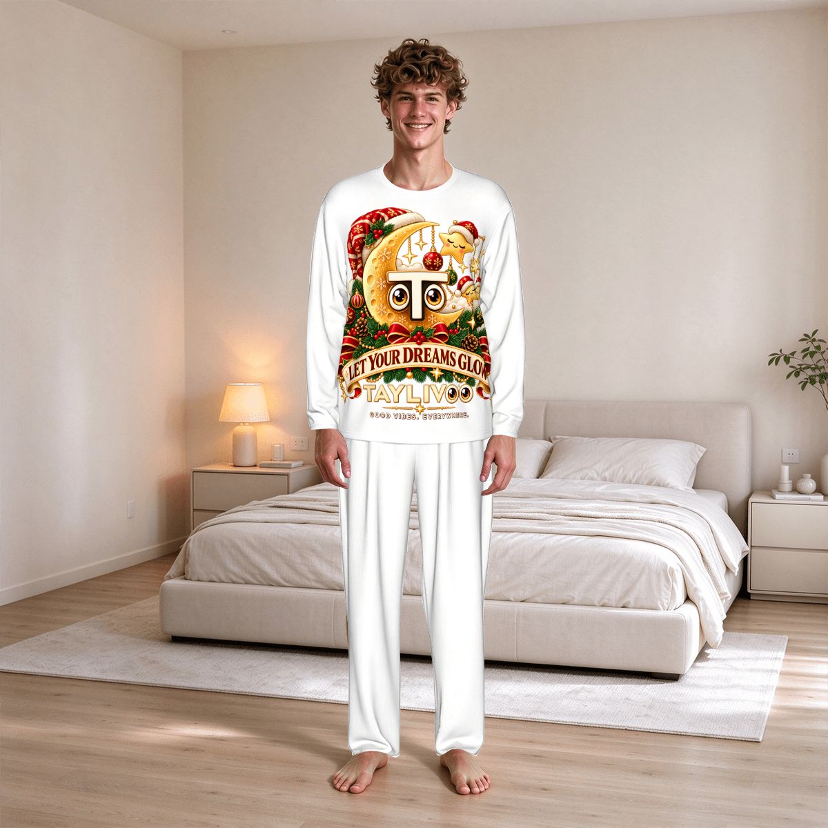 TAYLIVOO Let Your Dreams Glow Men’s Pajama Set – White