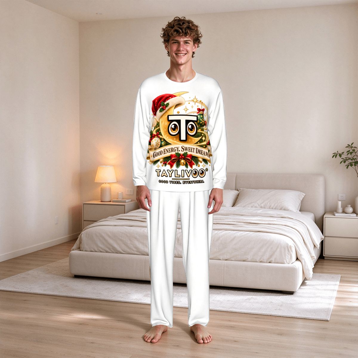 TAYLIVOO Good Energy Sweet Dreams Men’s Pajama Set – White